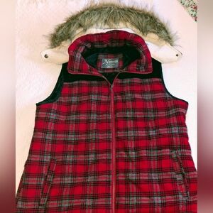 Natural Reflections Red Plaid Vest w/Fur Hood